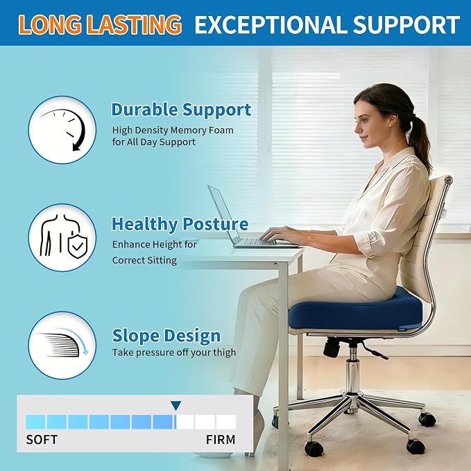 YOUFI Extra Thick Large Seat Cushion, Gel Memory Foam Cushion with Carry Handle Non Slip Bottom, Pain Relief Coccyx Cushion for Wheelchair Office Chair (Blue, 19" x 17.5" x 4") - Image 5
