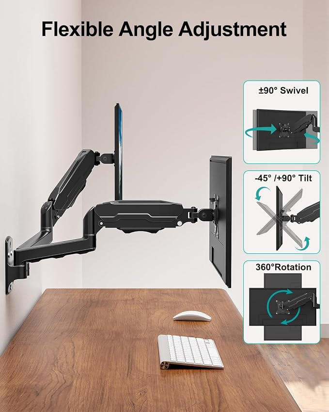 MOUNT PRO Dual Monitor Wall Mount for 13 to 32 Inch Screens, Wall Monitor Arm for 2 Monitors, Each Holds Up to 19.8lbs, Full Motion Wall Monitor Mount with VESA 75x75/100x100, Home Office Setup - Image 4
