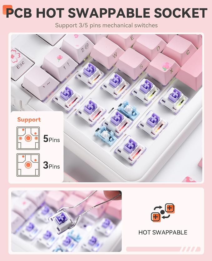 DAREU EK98pro Sakura Pink Wireless Mechanical Keyboard,Tri-Mode BT/2.4GHz/USB-C Creamy Gaming Keyboard with Number Pad,Gasket Structure,Hot Swappable Custom,RGB Backlit for Win/Mac - Image 7