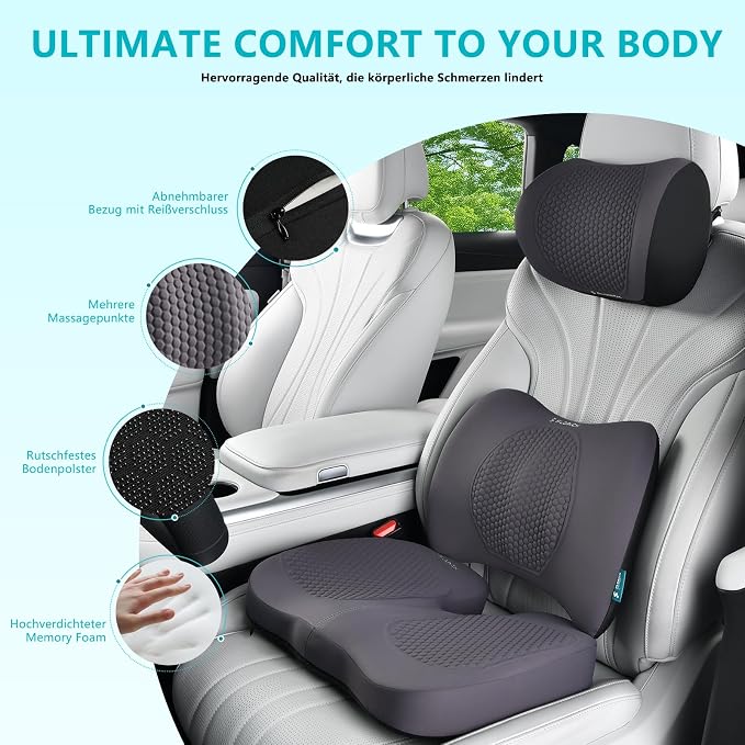 3 PCS Seat Cushion for Carseat Lumbar Support Pillow Car Neck Headrest Pillows Memory Foam Gel Memory Foam Massage Point Seat Pads Pressure Relief Back Cushion for Office Chair(Light Grey) - Image 6