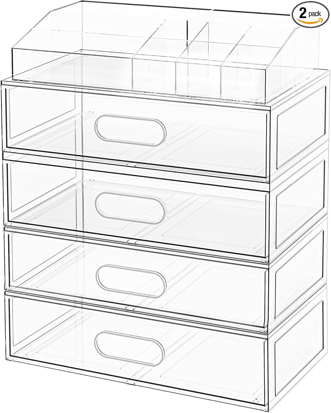 Clear Stackable Makeup Organizer with Drawer, 12''W Acrylic Storage Drawers | Cosmetic Display Case for Vanity Bathroom Countertop Drawers, Beauty Holder for Lipstick Brush Skincare Perfume by Aurblozen