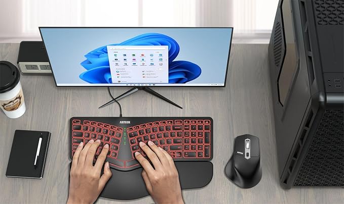 Arteck Split Ergonomic Keyboard with Palm Rest, USB Wired Backlit Keyboard - Image 7