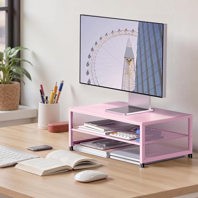 ECOLOVI 2-Tier Computer Monitor Stand Riser, Printer & Laptop Stand, Office Desk Accessories, Workspace Desk Organizer for Home Office Supplies, Pink - Image 2