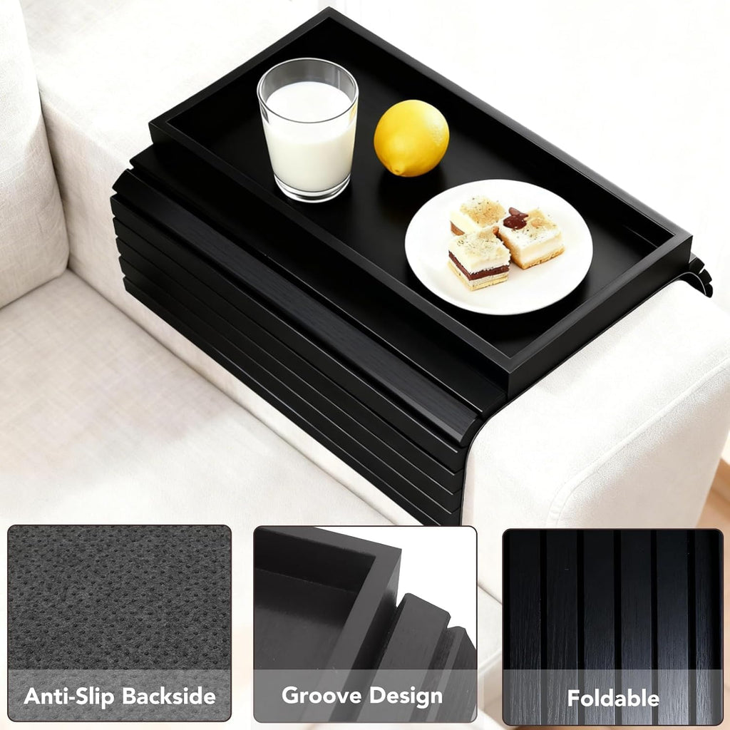 Bamboo Couch Arm Tray, Foldable Sofa Tray Table for Couch, Anti-Falling Sofa Cup Holder, Portable Sofa Arm Chair Table for Drink,Cups, Eats，Snacks, Phone, Remote, Black - Image 4