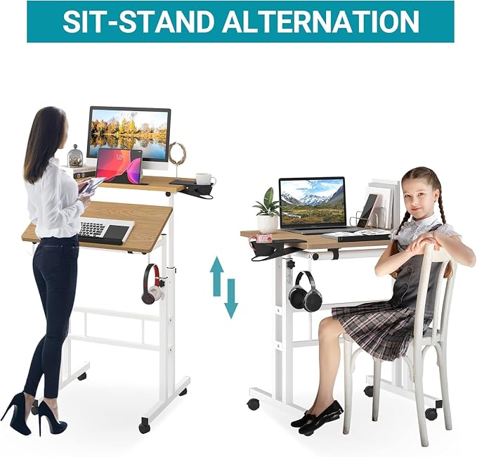 Small Standing Desk with Removable Cup Holder, Height Adjustable Mobile Laptop Stand on Wheels, Ergonomic Rolling Computer Workstation for Home Office, Portable Overbed Table for Couch & Bed, Khaki - Image 5