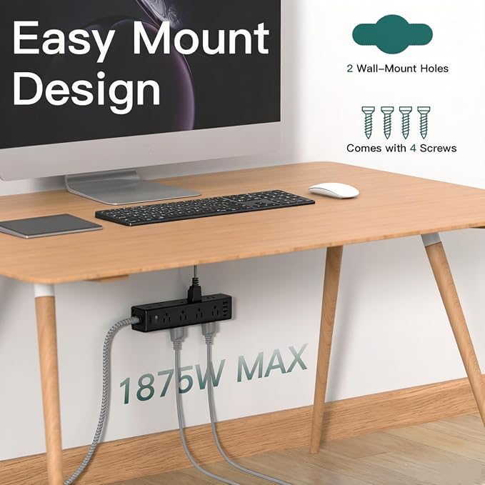 10FT Power Strip Surge Protector, 12 Wide Spaced Outlets 4 USB Ports | Flat Plug Extension Cord, Wall Mount Outlet Extender, 1050J Surge Protection for Desk Office Gaming, ETL Listed, Black - Image 6