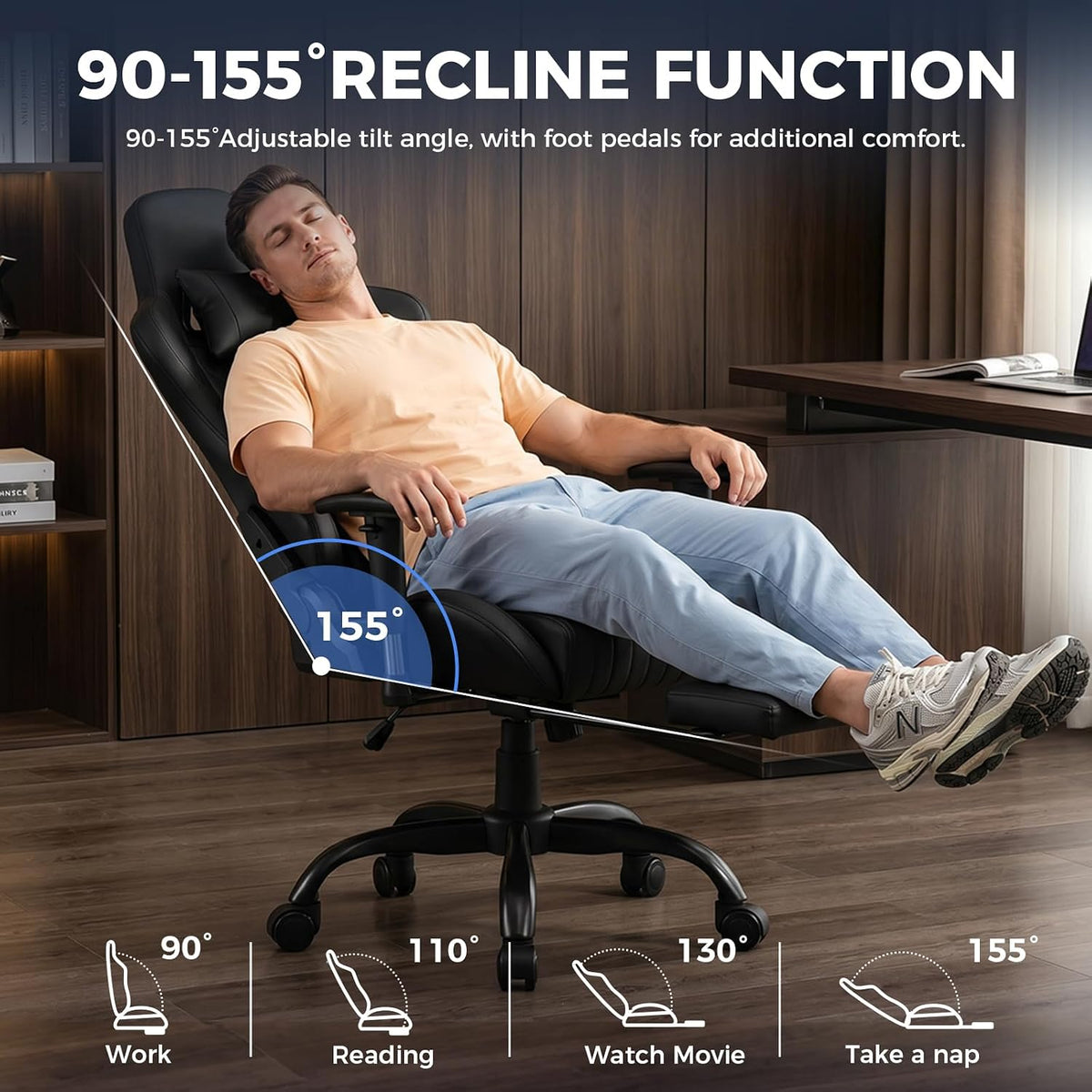 Gaming Chair with Footrest, 90°-155° Reclining Ergonomic Computer Chair with 3D Armrests, Headrest and Lumbar Pillow, 360° Swivel, SGS-Tested Gas Lift, 330 lbs Capacity, Black - Image 6