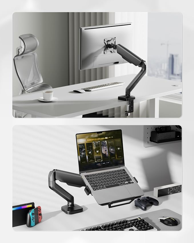 monTEK 2-in-1 Laptop & Monitor Desk Mount, Fits 12–18"Laptops & 32" Screens | 2-in-1 Desk Mount with Removable Vented Laptop Tray, Full Motion Arm with Clamp/Grommet Base, 75/100 VESA Mount - Image 7