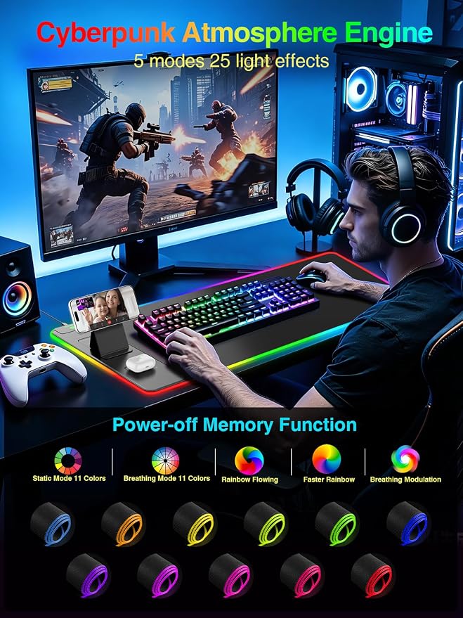 Wireless Charging Mouse Pad with Magnetic Phone Stand, 31.5"x15.8" Large | Gaming Mousepad RGB Desk Mat, Smooth Glide, Stitched Edge, Non-Slip Rubber Base, Waterproof Keyboard Mat, No Adatper - Image 4