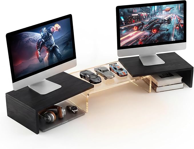 Dual Monitor Riser, Acrylic Monitor Riser, Adjustable Angle & Length Computer Monitor Stand, Wide Desk Shelf for Top of Desk for Home Office_Black Maple Look Small by Bingyouth