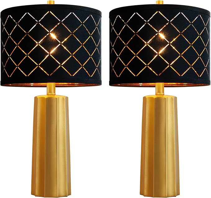 Set of 2 Modern Table Lamps for Living Room Bedroom, Gold Nightstand Resin Lamps with Black Grid Shade, Contemporary Desk Lamps for Bedside End Tables, 2 Bulbs Included (Gold) - Image 9