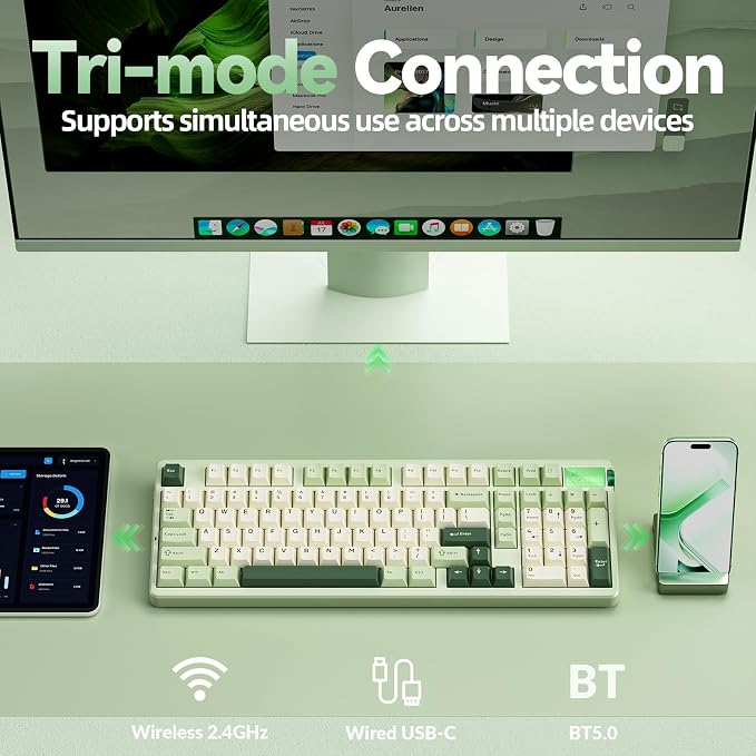CORBOBO LEOBOG A98-96% Mechanical Keyboard Wireless, Tri-Mode BT5.0/2.4GHz/USB-C, Creamy Keyboard with Number Pad, Gasket Structure Hot Swappable, RGB Backlit Green Gaming Keyboards with Knob for PC - Image 3