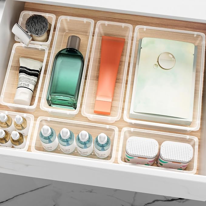 24 PCS Drawer Organizer Set, Makeup Organizers, Tool Storage Trays | 4 Sizes, Plastic, Stackable, Multiple Gadgets, Desk Drawer Divider Organizers, for Makeup, Office Supplies Storage - Image 6