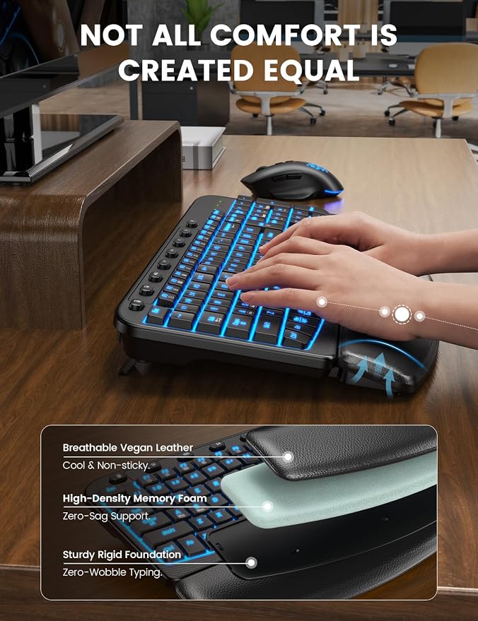 Wireless Keyboard and Mouse Combo, Ergonomic Wave with Wrist Rest | Rechargeable, Backlit Keys, Full Size, 2.4GHz USB Wireless, Leather Finish, MA12Pro Quiet Set for Windows, Mac, PC, Laptop - Image 3