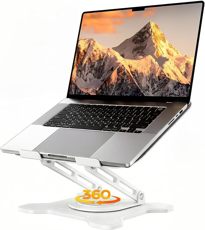 JCZT 360° Rotating Laptop Stand for Desk, Metal Foldable Laptop Riser White | Ergonomic Portable Adjustable Laptop Stand, Ventilated Cooling Notebook Holder for MacBook Air Pro, All 10-16'' Laptops by JCZT