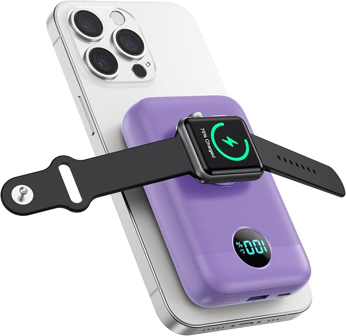 Pxwaxpy Magnetic Portable Charger 10800mAh,4-in-1 Power Bank with iWatch Charger, 25W PD Fast Charging USB C Battery Pack for Magsafe,iPhone 17/16/15/14/13/12 Series,Apple Watch (Purple) by Pxwaxpy