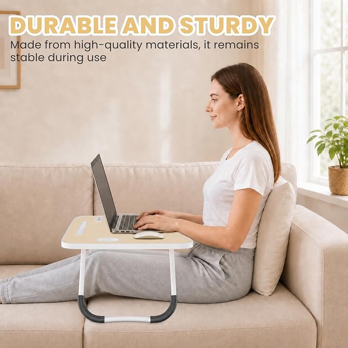 Lap Desk for Laptop Tray, Foldable Laptop Bed Desk with Storage Drawer | Bed Laptop Table for Adults with Light & Cup Holder & USB Ports, Laptop Stand for Couch Writing Reading Eating, Beige - Image 9
