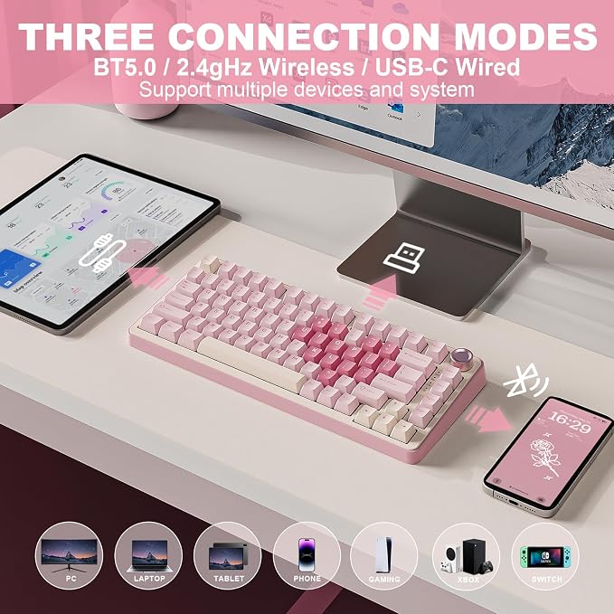 YUNZII B75 PRO 75% Wireless Mechanical Keyboard (Pink, Cocoa Cream V2) | Hot Swap Keyboard with Knob, Gasket Mount, Creamy Pre-lubed Switch for Smooth Typing, BT/USB-C/2.4G, for Gaming - Image 3
