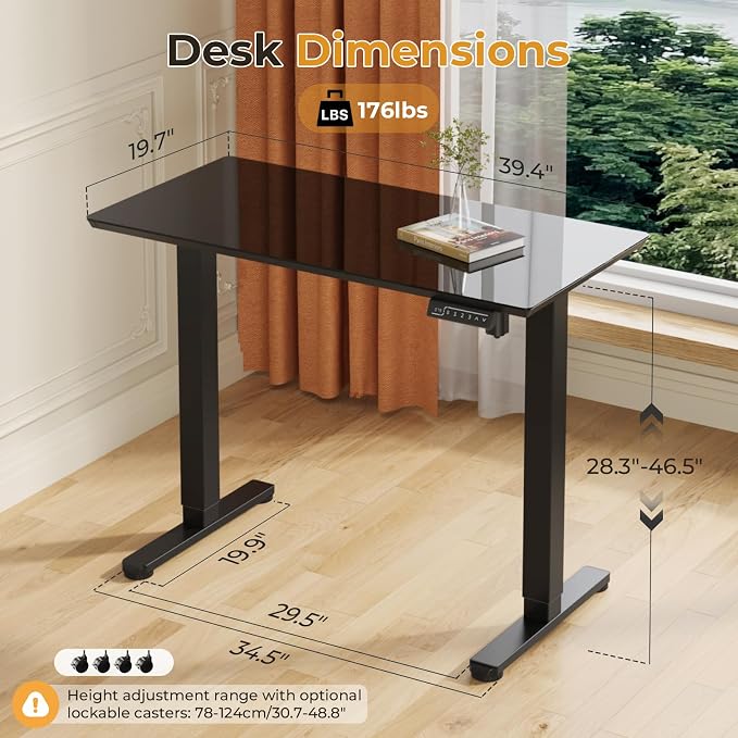 JOY worker Small Glass Standing Desk, 40" Electric Stand Up Desk on Wheels | 40" x 20" Black Height Adjustable Desk with Memory Controller & USB, Compact Computer Workstation for Home Office Walking Pad - Image 2