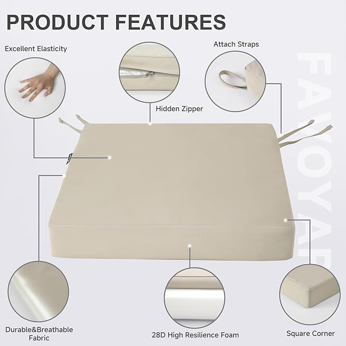 Favoyard Patio Chair Cushions 19 x 19 x 3 Inch Waterproof Outdoor Seat | Cushions for Patio Furniture 3-Year Color Fastness Garden Sofa Couch Chair Pads with Adjustable Straps Set of 2, Beige - Image 6