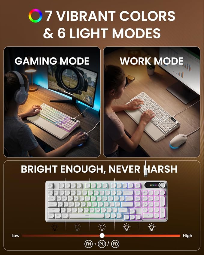 EWEADN Wired Keyboard and Mouse Combo with Detachable Wrist Rest, Quiet Ergonomic Keyboard Mouse Set with Multimedia Knob, RGB Backlit, Double-Shot Keycaps Natural Typing for Laptop, PC - White - Image 4