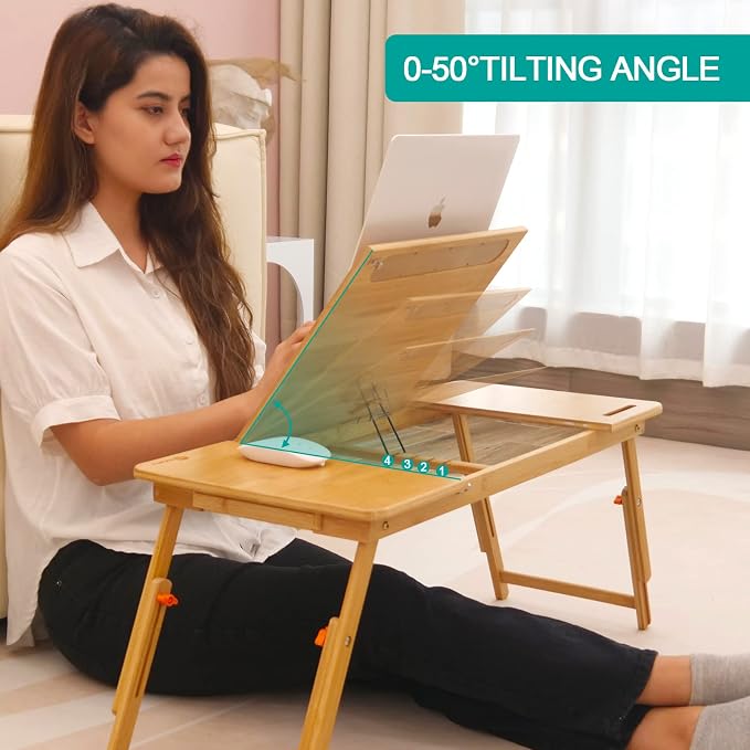 Lap Desk COIWAI Laptop Table Bamboo Writing Eating Bed Tray Adjustable Angle Height Foldable Desk Tray with Tablet Slot Drawer Breakfast Coffee Tea Table for Sofa Couch Floor Large Size - Image 4