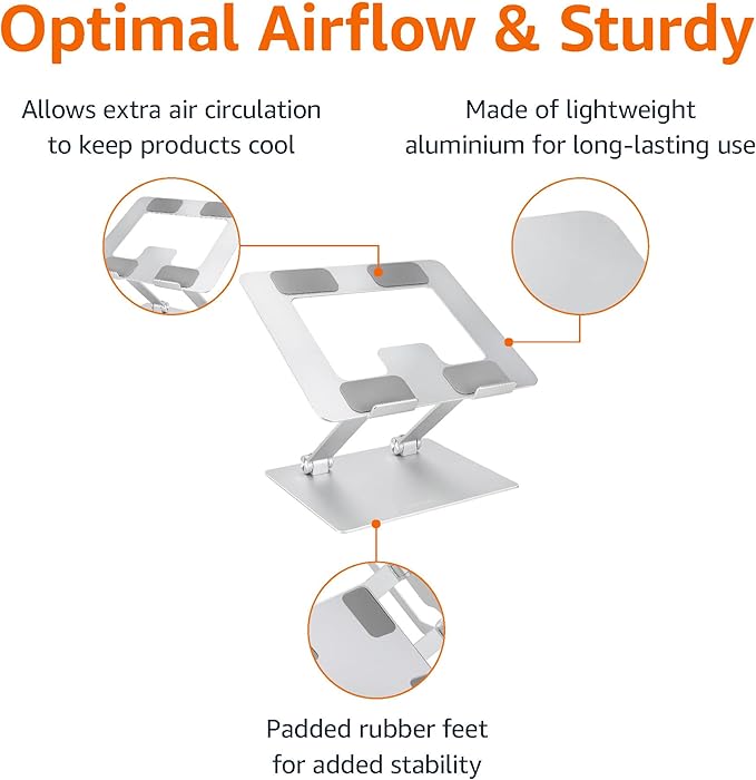 Amazon Basics Sturdy and Portable Ergonomic Laptop Stand for Desk, Height Adjustable Riser with Ventilated Cooling, Foldable, Fits all Laptops up to 15.6 Inch, Silver - Image 2