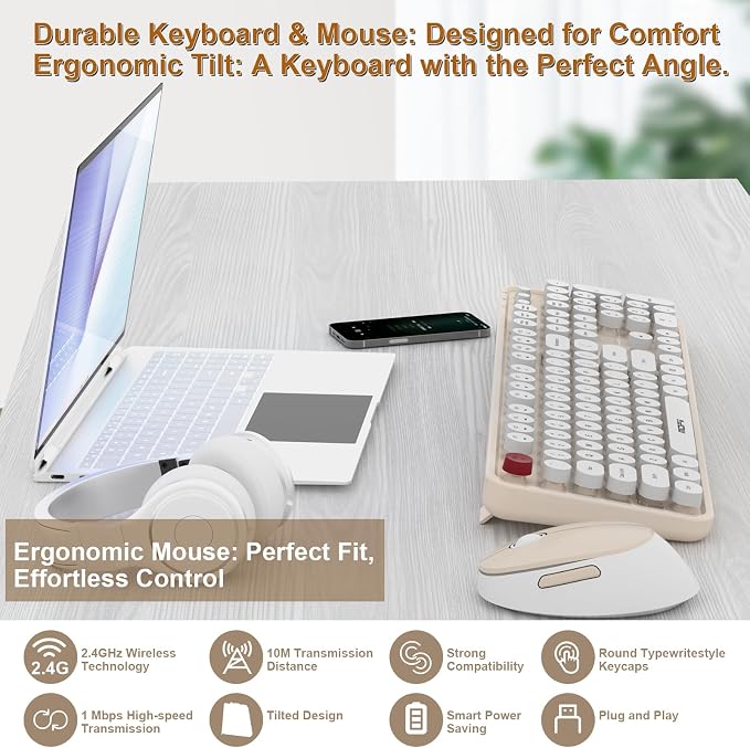 Wireless Keyboard Mouse, 104 Keys Cute Colorful Typewriter Creamy White | With OTG & Long Clean Bruch,Compatible With All windows and Type C Computer,1600DPI,Ideal For PC, Home, Office and College - Image 2