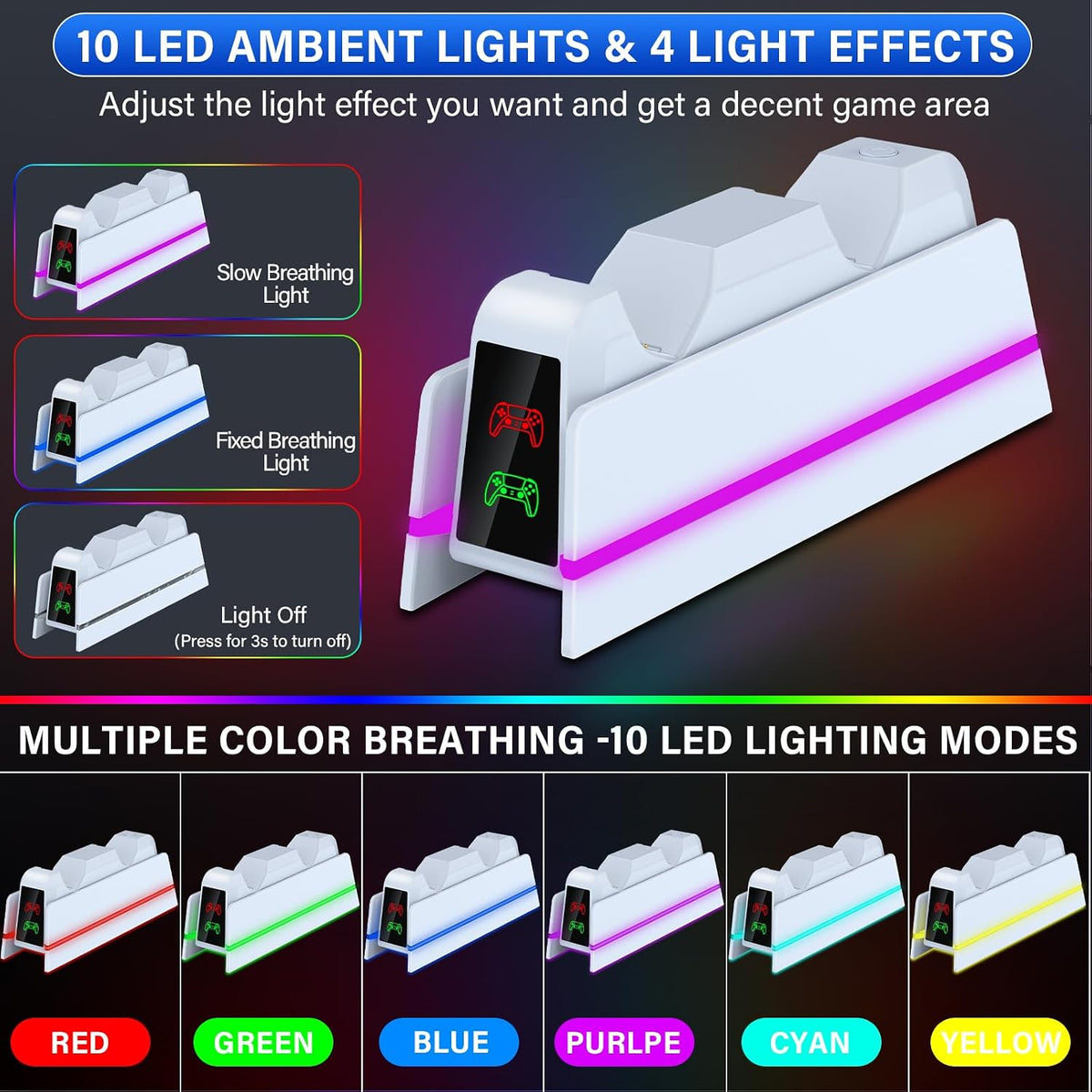PS5-Controller-Charger-Station - Charging Station for PlayStation 5 Dualsense/Edge Controller with 9 Color Led Light, Fast Charging Dock & Holder Stand for PS5/Slim/Pro Remote - Whole White - Image 2
