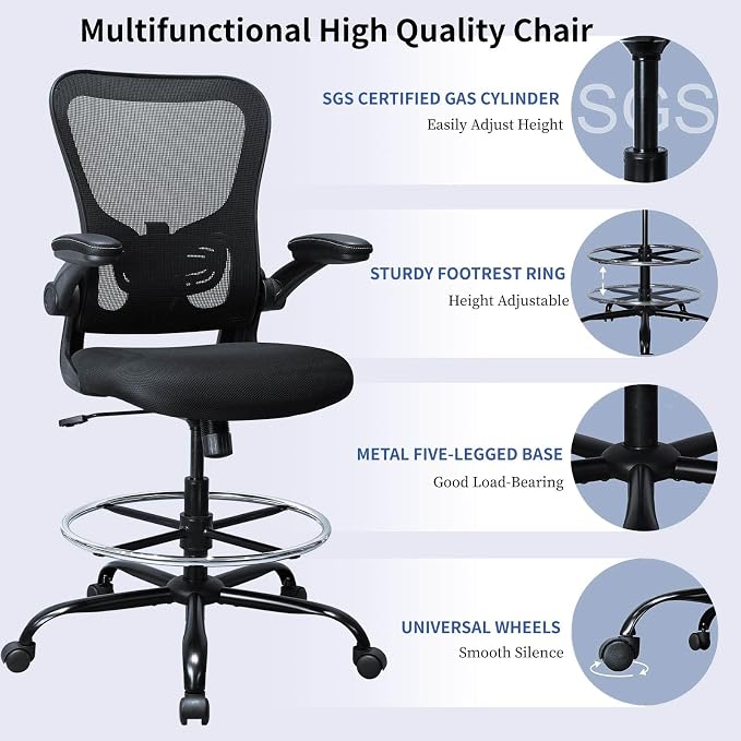 Drafting Chair, Ergonomic Tall Office Chair for Standing Desk, Counter Height Desk Chair with Adjustable Padded Armrests and Footrest Ring Standing Desk Chair Adjustable Height with Lumbar Support - Image 8