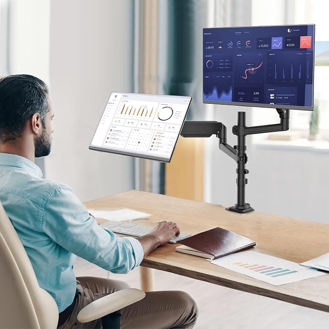 WALI Tall Dual Monitor Desk Mount for 13-33 inch Screens, 19.8 lbs per Arm | Dual Monitor Arms for 2 Monitors, Full Motion with Tilt, Swivel, Rotation, C-Clamp & Grommet, VESA 75/100mm (GSDM002), Black - Image 8