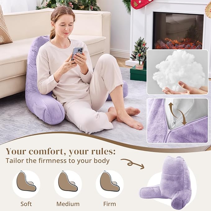 Sasttie Reading Pillow for Bed, Back Pillow for Sitting Up, Lavender | 23" Backrest Support Cushion for Couch, Sofa, and Floor, Dorm Essentials, OEKO-TEX, Adjustable Down Alternative Fill - Image 3