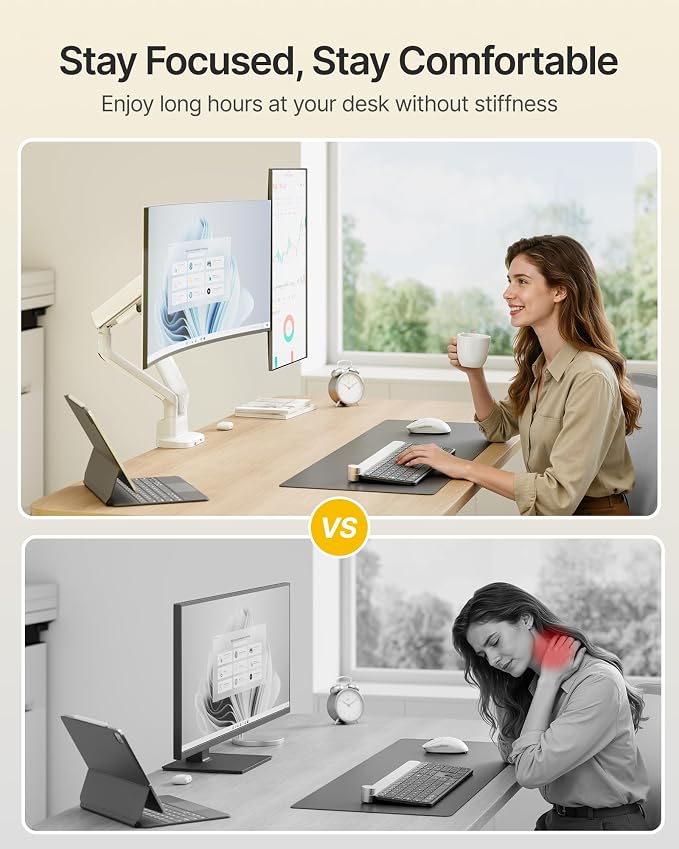 monTEK Mechanical Spring Dual Monitor Arm with USB for 27 32 34inch Screens | White, Built-in One-Way Bearing, Holds 26.4 lbs, VESA 75/100mm, C-Clamp/Grommet Base & Cable Management, Office, Home, Game - Image 5
