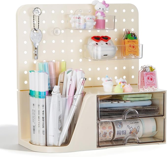 Comix Desk Organizer with 2 Drawer, Beige 360° Rotating Pen Holder for Desk | Desk Organizers and Accessories with 5 Slots Pencil Holder+Pegboard+Drawer, Pen Organizer for Home School Art Office Supplies by Comix