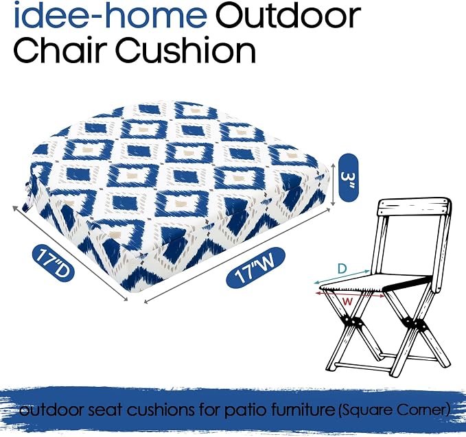 idee-home Outdoor Chair Cushions Set of 2, 17 x 17 Outdoor Seat Cushions | Patio Chair Cushions for Outdoor Furniture Waterproof with Ties, Outdoor Seat Cushion, Patio Chair Pads Dining Chair - Image 8