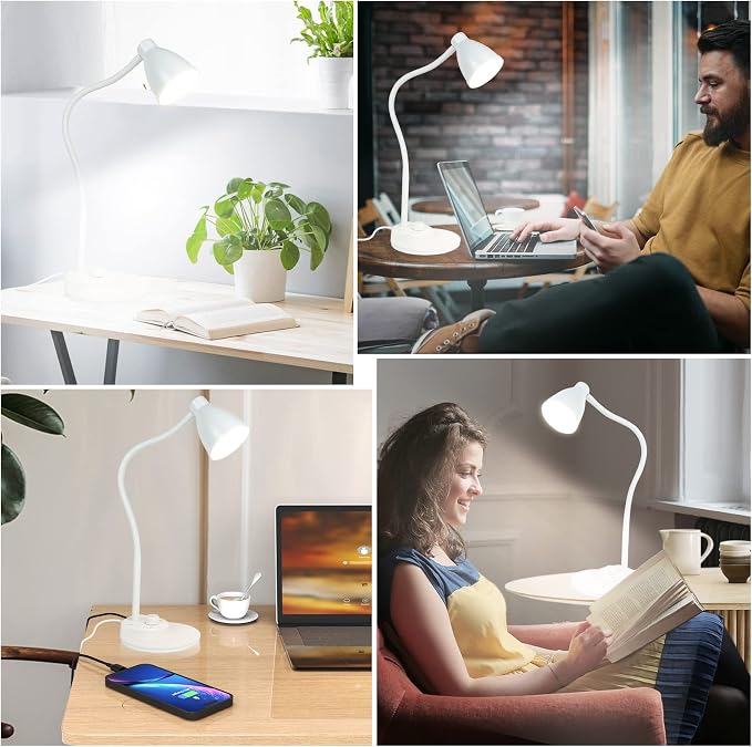 BOHON LED Desk Lamp with USB Charging Port, 3 Color Modes Dimmable, White | Reading Lamp, Auto Dimming Task Lamp, Flexible Neck Table Light for Dorm Bedside, Adapter Include - Image 7