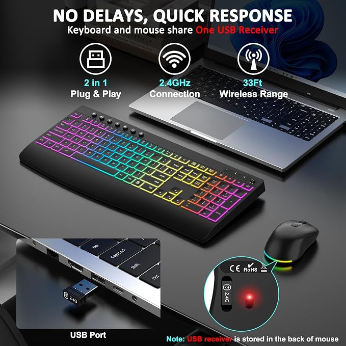 Wireless Keyboard and Mouse Combo, 9 Backlit Effects, 4000mAh Rechargeable Backlit Keyboard with Wrist Rest, 6 Button Mouse, 2.4G Full Size Quiet Keyboard Set for Computer, PC, Laptop, Mac, Windows - Image 5