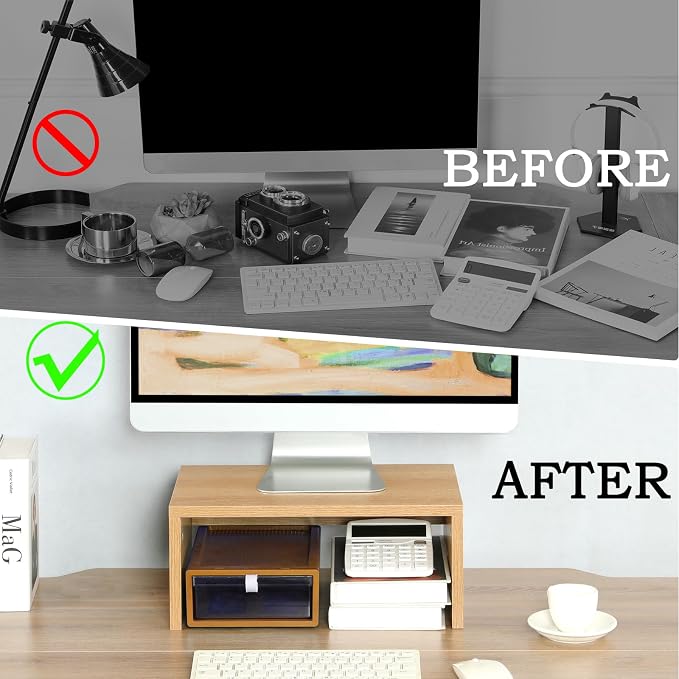 TEAMIX Higher Monitor Stand Riser, Wood Monitor Riser with Storage for Desk Small Monitor Stand TV/Screen/PC/Laptop Riser Computer Stand Desktop Shelf - Image 7