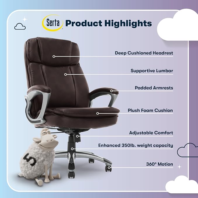Serta Ergonomic Big and Tall Executive Office Chair Lumbar Support, Leather | Fairbanks, Gaming Chair with Headrest, 350lb Capacity, Padded Arms, Semi-Plush Seat Cushion, Adjustable Height & Tilt, Brown - Image 4