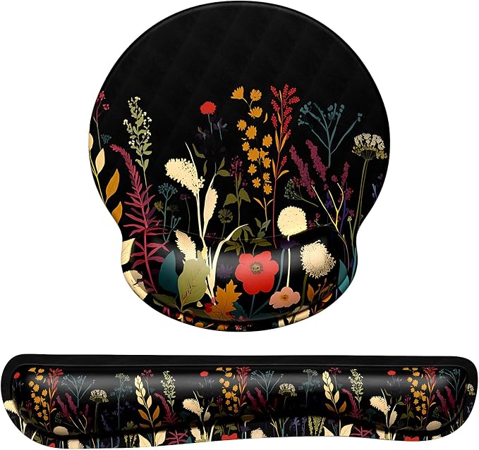 Dapesuom Keyboard Wrist Rest and Mouse Pad with Wrist Support, Cute Memory Foam Cushion for Keyboard and Mouse Set, Desktop Pad Rests with Non Slip Base for Easy Typing & Pain Relief, Floral Cartoon by Unknown