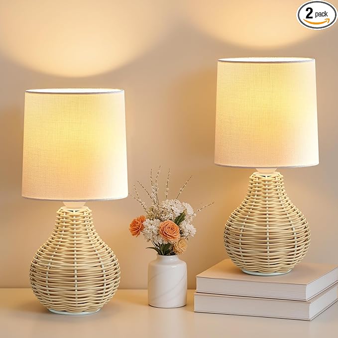EJIAXIN Rattan Table Lamp Boho Lamps Set of 2-12.5" Mini Farmhouse Wicker Light Rustic End Table Decorative Small Lamps for Small Spaces Bedroom Nightstand Living Room Reading Desk Side Table Lamp by WelcometoEJIAXIN