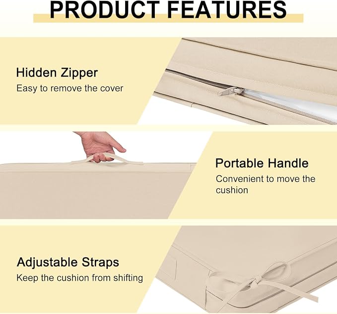 downluxe Waterproof Outdoor Chair Cushions for Patio Furniture, 22" x 22" x 3" Patio Chair Cushion with Adjustable Ties & Portable Handle, Square Outdoor Cushion with Removable Cover, Beige, 2 Pack - Image 5