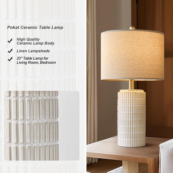 PoKat 23" Modern Ceramic Table Lamp Set of 2 for Living Room Bedroom, White | Nightstand Lamps for Bedside, Farmhouse End Table & Desk Light, Ideal Housewarming Gift, New Home Decor for Women Mom - Image 4