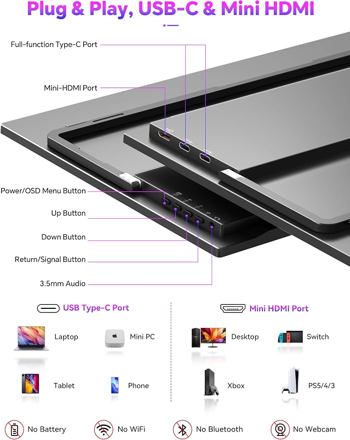 15.6" Portable Monitor Touchscreen, 1080P 10-Point Touch Portable Monitor | 1500:1 USB-C HDMI Travel Screen w/ Sleeve Bag & Speaker, 2nd External Display for Laptop Mac PC Phone Tablet, VESA Mountable - Image 8