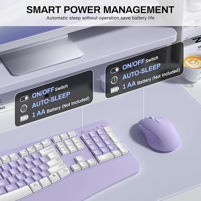 Wireless Keyboard and Mouse Combo,2.4G Ergonomic Wave Keys(Purple-A) | Full Size Cordless Keyboard with Wrist Rest,3-Level DPI Ergonomic Mouse for Office and Home,Windows/Mac OS/Desktop/Laptop/PC - Image 6
