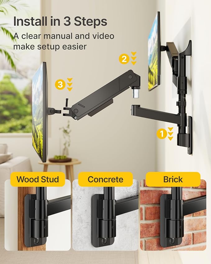 monTEK Vertical Dual Monitor Wall Mount for 17-35" Screens, 35.2 Lbs Each | Heavy Duty Dual Monitor Arm, Full Motion, 75x75/100x100 Compatible, for Flat/Curved Monitors, Home Office & Gaming, Black - Image 5