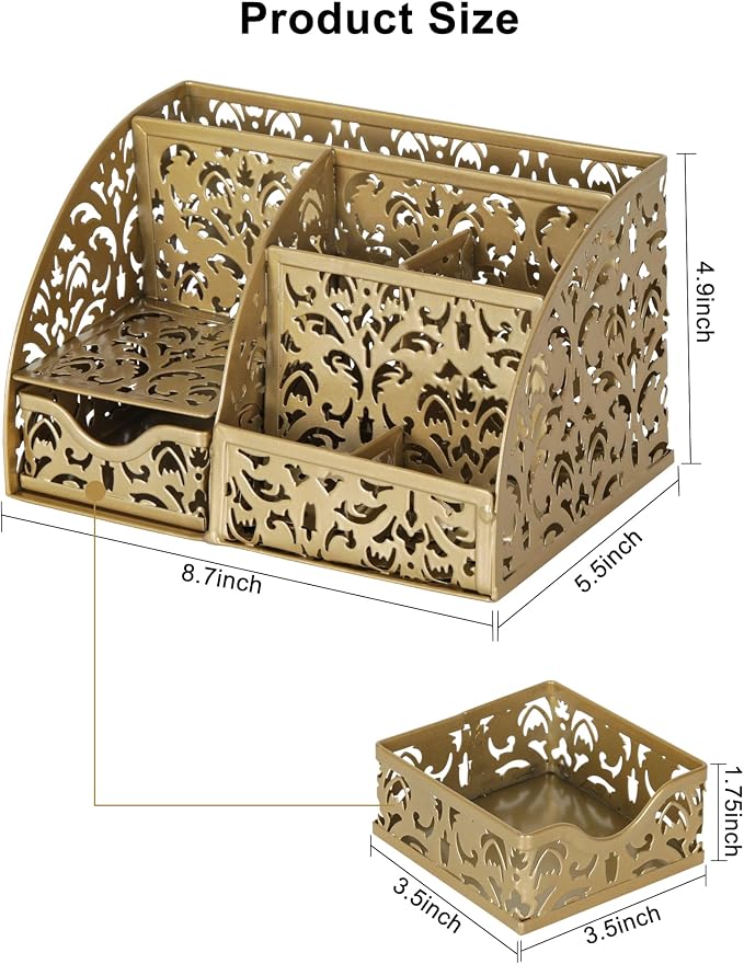 EasyPAG Desk Organizer and Pen Holder for Desk, Mesh Office Supplies Storage Caddy with Drawer for Small Space, Desktop Organizer for Home Office, Gold - Image 7