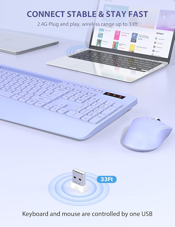Wireless Keyboard and Mouse Combo, Full Size, Ergonomic Wrist Rest | 2.4G Lag-Free, 3-Level DPI, Phone Holder, Silent Typing, KM23D Batteries Powered Set for PC, Laptop, Windows, macOS (Purple) - Image 4