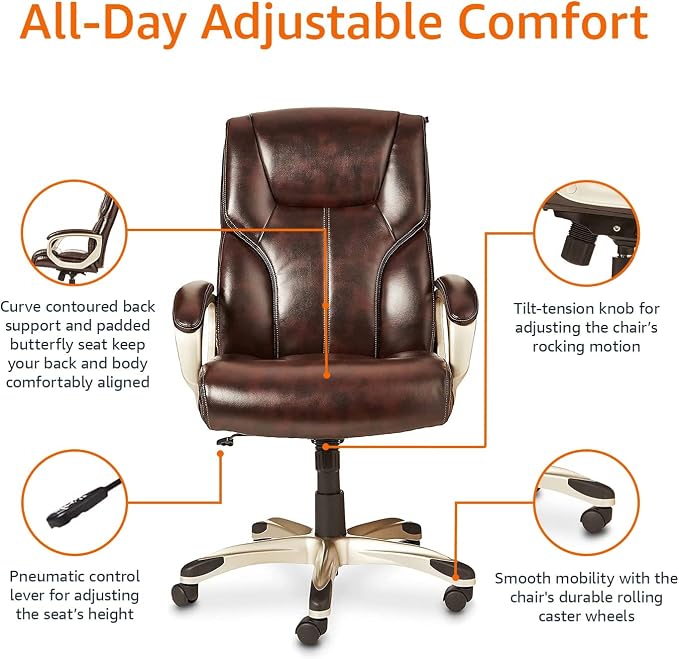 Amazon Basics Executive High Back Office Chair, Adjustable Height, Tilt, Swivel, Padded Armrests, Brown/Gold - Image 5
