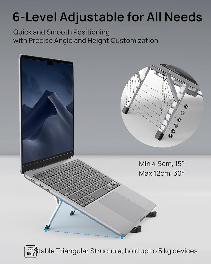 【Innovative & Ultra Compact】SODI Foldable Laptop Stand for Desk, Lightweight Portable Tablet Holder for Business Travel, Cafe, 6 Level Height Adjust Computer Holder for MacBook, Tablet 10-16", Silver - Image 8